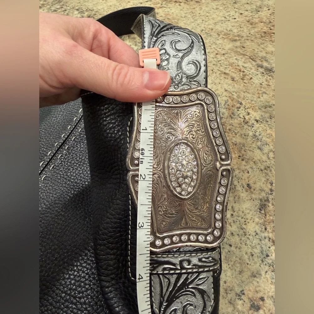 Brighton Black Concho Leather Women’s Shoulder Bag with Decorative Silver Strap